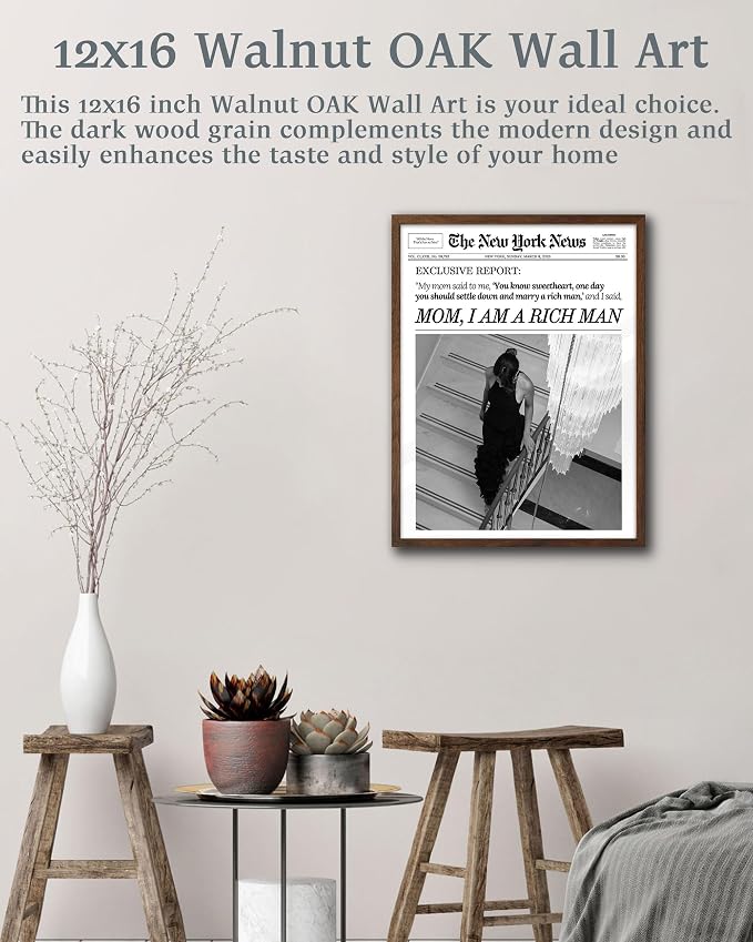 EcoHest 12x16 in Mom I Am a Rich Man Newspaper Framed Wall Art | Walnut Color Solid Oak Frame, Canvas Wall Art, Girly Fashion Magazine Decor for Bedroom, Apartment, Dorm, College Room, 1Pack