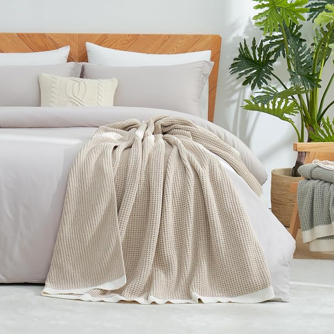 Chenille Throw Blanket, Soft Cozy Waffle Throw for Couch & Sofa, Warm Yet Lightweight, Breathable All-Season Throws for Women Men, Housewarming, Birthdays, 50"x60", Beige