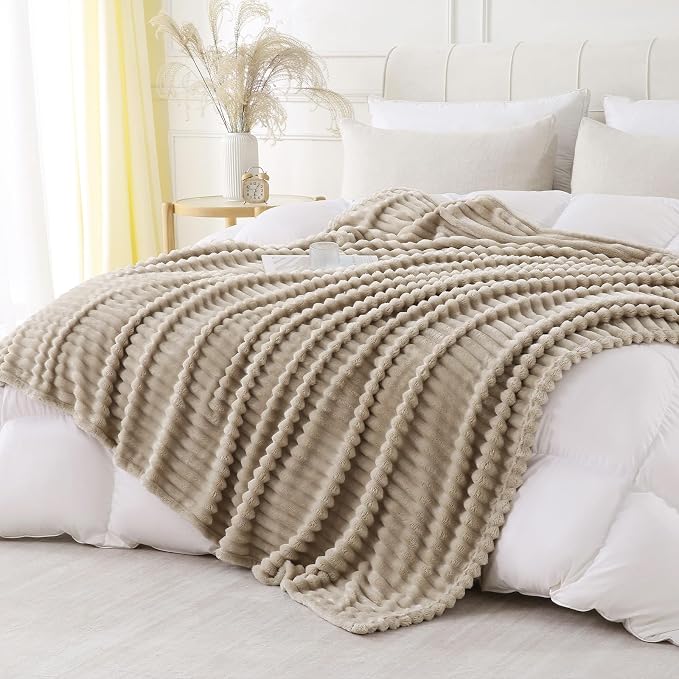Khaki Throw Blanket for Couch Sofa 60x80 inches Striped Design | Fleece Blankets Room Home Decor Lightweight Plush Soft Cozy Gifts for Women Mom