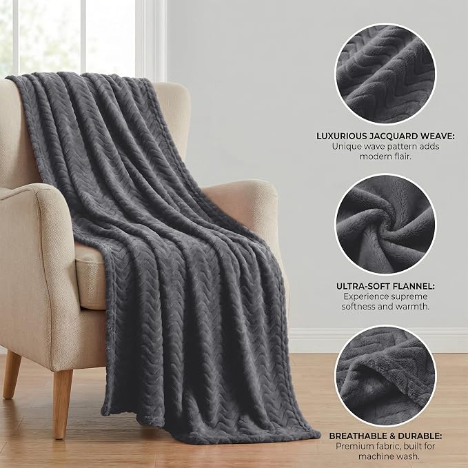Exclusivo Mezcla Soft Fleece Blanket Twin Size for Bed, Sofa, Dark Grey | 90"x66" Breathable Lightweight Flannel Blanket for Summer, Plush Cozy Jacquard Wave for Home Decor