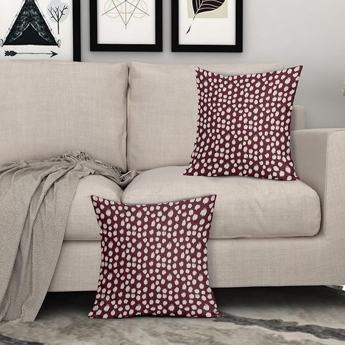 Sweetshow Burgundy Cream Dots Pillow Covers 16x16 Set of 2 Boho Design Polka Dot Throw Pillows Modern Trendy Print Outdoor Decorative Pillowcase Square Linen Cushion Cases Decor for Sofa Couch Bed