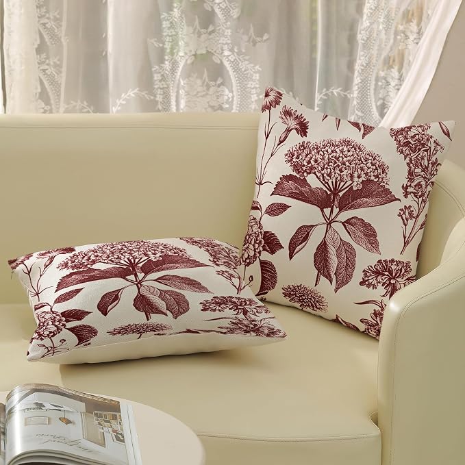 Floral Pillow Covers 20x20 Set of 2 Vintage Burgundy Red Hydrangea Herb Botanical Throw Pillow Covers Outdoor Decoration Boho Flower Pillowcase Farmhouse Decorative Cushion Case for Home Sofa