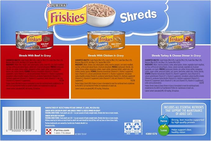 Purina Friskies Gravy Wet Cat Food Variety Pack, Shreds With Beef, With Chicken, and Turkey and Cheese Dinner - (Pack of 24) 5.5 oz. Cans