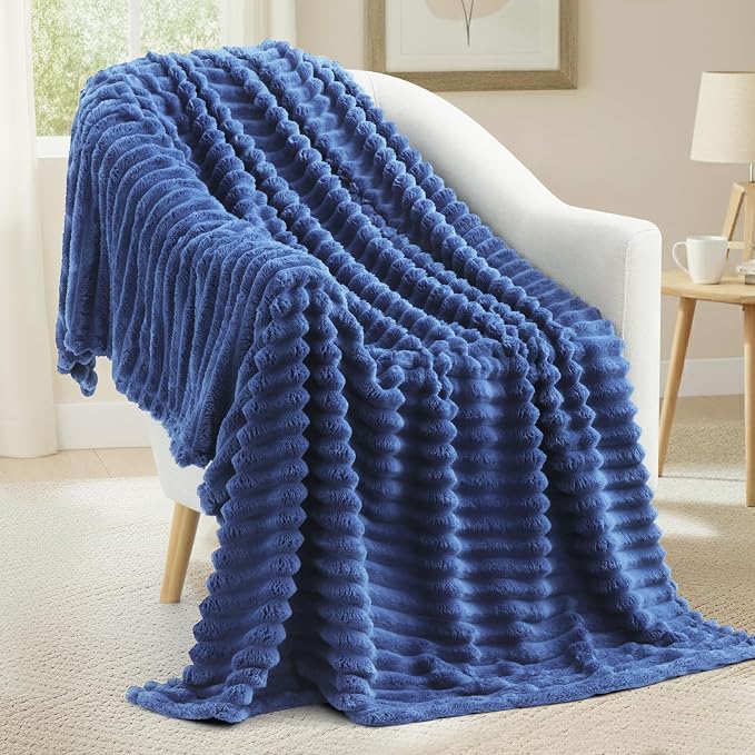 decorUhome Navy Blue Fleece Throw Blanket 50x60 Inches | Soft Couch Cozy Fluffy Plush Flannel Striped Blanket for Sofa Bed, Lightweight Decorative Ribbed Fuzzy Blanket for Woman