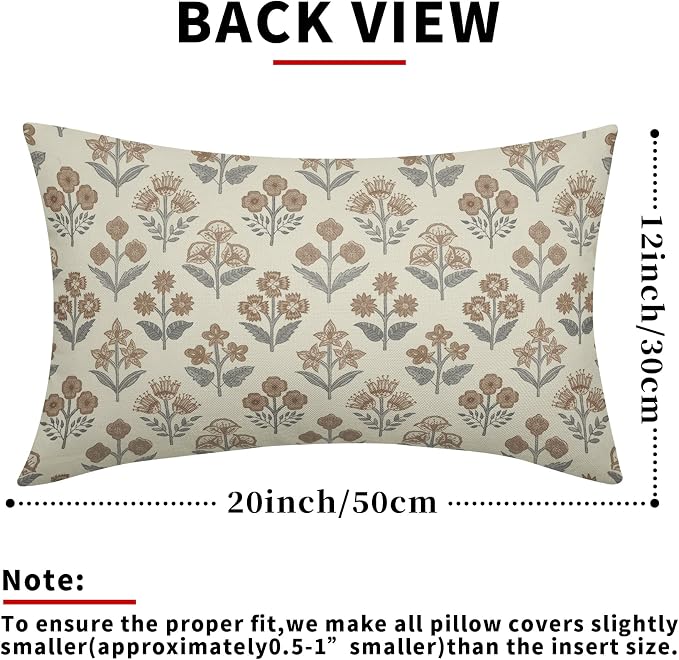 Brown Grey Gray Floral Pillow Covers 12x20 Inch Set of 2, Block Print Lumbar Flower Cream Decorative Throw Pillowcases Outdoor Farmhouse Rectangle Cushion Covers Spring Summer Sofa Couch Bed Decor