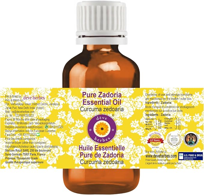 Deve Herbes Pure Zadoria Essential Oil (Curcuma zedoaria) Steam Distilled 50ml (1.69 oz)