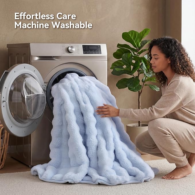 Faux Rabbit Fur Throw for Couch - Light Blue Bubble Blanket 50"x60" | Fluffy Plush Fuzzy Throw for Sofa & Bed, Super Soft Cozy Comfrt Blanket, Luxury Aesthetic Light Blue Decor Gift for Women