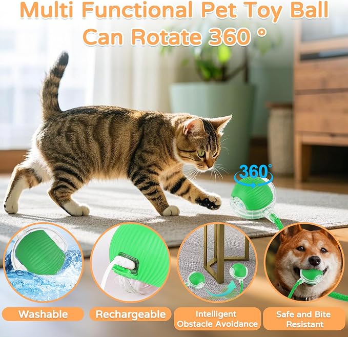 Goosheep 1PK Automatic Rolling Interactive Cat Toys Ball for Indoor Cat Dog | Green, 3 Modes, LED Light, 360° Smart Automatic Rolling, for Indoor Cats and Small Dogs, Suitable for Multi-cat Families