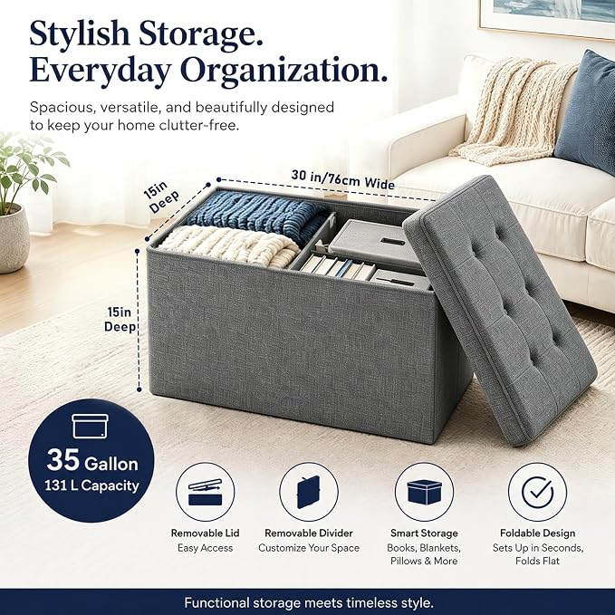 ALASDO 30 Inch Folding Storage Ottoman Bench with Hidden Storage, PU Leather Ottoman Foot Rest Stool, End of Bed Bench for Bedroom, Living Room, Entryway and Closet, Grey