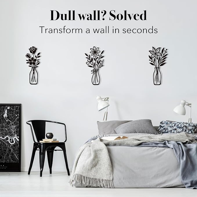 CarryWise 3 Piece Metal Flower Wall Art for Bedroom Living Room Rustic Farmhouse Floral Wall Decor for Bathroom Dining Room Boho Home Decorations Modern Minimalism Walls Hanging Sculptures(Black)