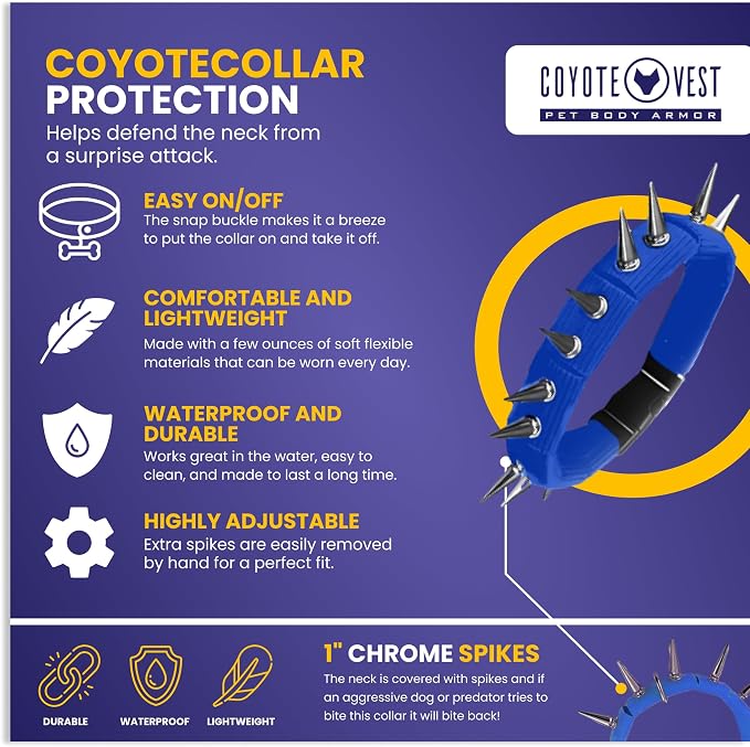 CoyoteCollar Spike Dog Collar, Adj/Replaceable Spikes, Medium, Blue