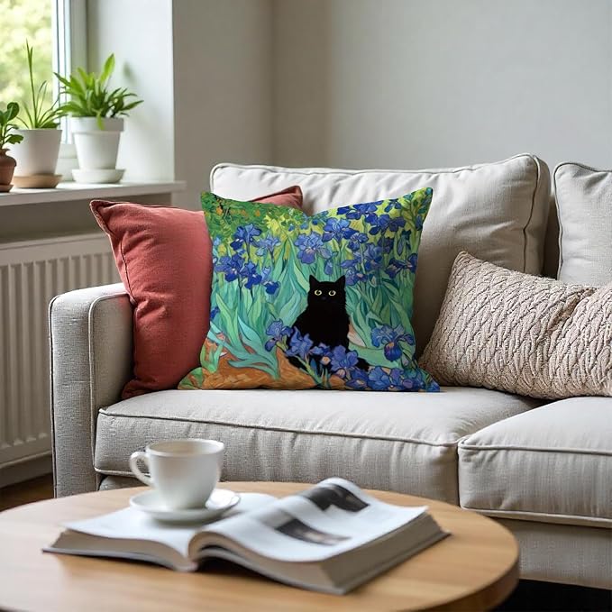 William Morris Floral Black Cat Pillow Covers 18x18, Cat Lovers Mom Grandma Gifts for Mother's Day, Blue Floral Cats Decorative Pillow Covers for Home Bedroom Living Room Office Decor