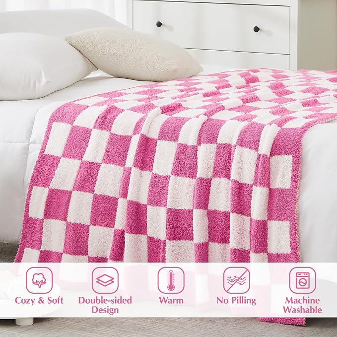 Soft Checkered Throw Blanket for Couch-Cozy Warm Knitted Blankets | Lightweight Warm Fluffy Decor for Women, Mom, Her & Girls, Sofa, Chair, Bed, 50x70in, Hot Pink