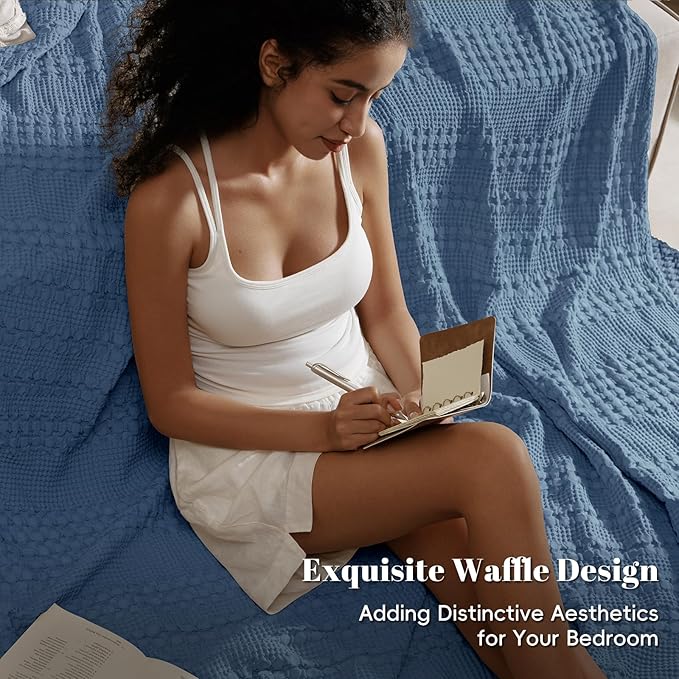 PHF 100% Cotton Waffle Blanket Twin Size, Lightweight Breathable Summer Blanket for Hot Sleepers, Pre-Washed Soft Layer for Bed, Dorm, Couch & Guest Room, Home Decor Gift, 66"x90", Denim Blue