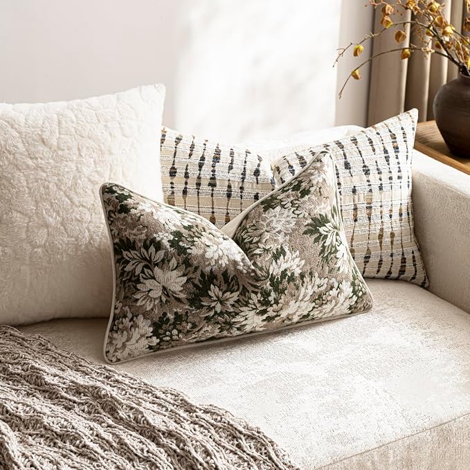 Pack of 2 Vintage Floral Pillow Covers 12x20 Boho Farmhouse Accents Chenille Rectangular Lumbar Decorative Throw Pillow Cases for Living Room Couch Bed Home Decor, Green and Taupe