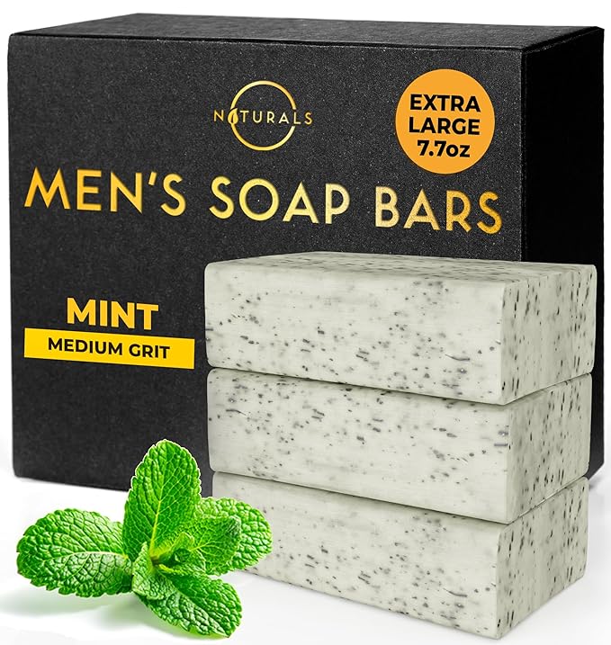 O NATURALS 7.76 oz (3PC) Exfoliating Soap Bar with Dry Mint Leaves - Medium Grit Mens Soap - All Natural Exfoliation Bar Soap for Men - Mint Bar Soap - Face Soap Bar - Moisturizing Mens Face Bar Soap
