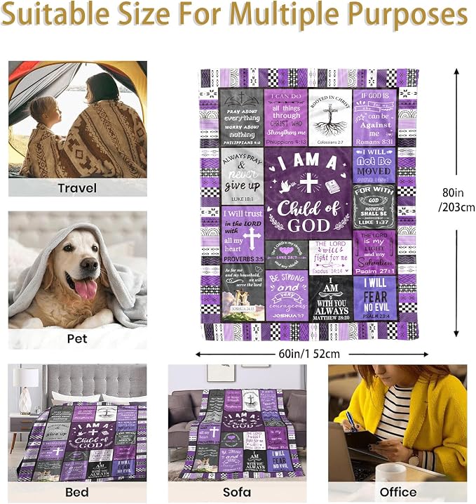 Christian Gifts for Women, Birthday Gift for Women, I Am a Child of God Blanket, Inspirational Gifts for Christians Sister, Friend, Daughter, Mom, Baptism Gifts for Girl Throw Blanket 80''x60'' Purple