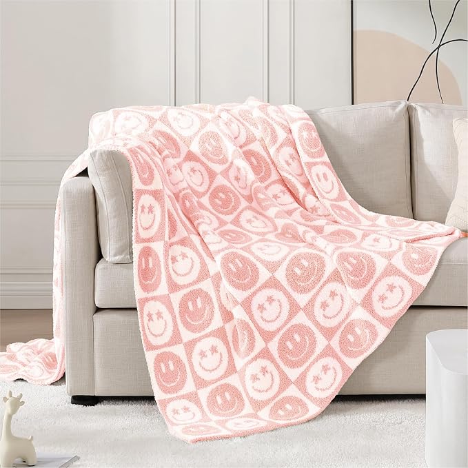 Soft Checkered Throw Blanket for Couch-Cozy Warm Knitted Blankets | Lightweight Warm Fluffy Decor for Women, Mom, Her & Girls, Sofa, Chair, Bed, 50x60in,Blossom Smiling Face