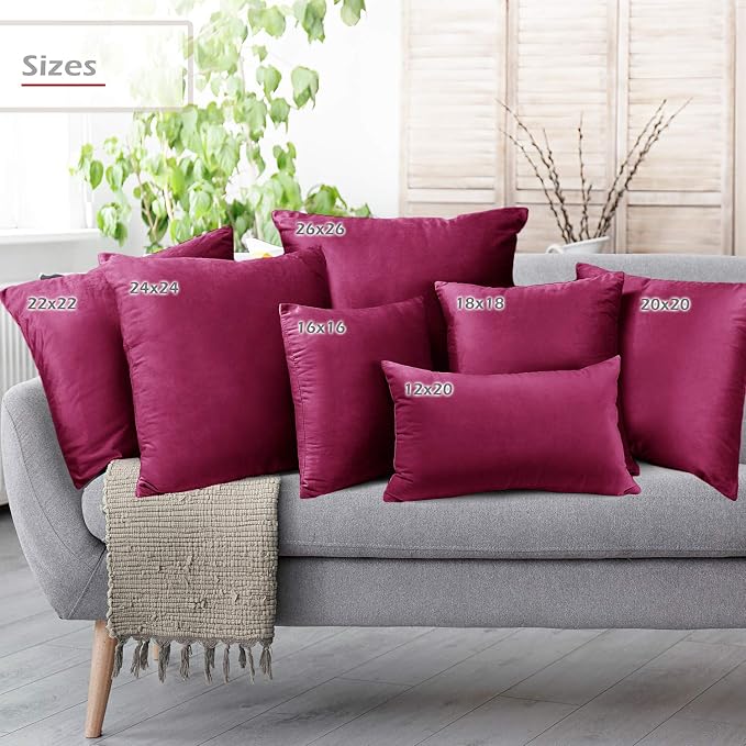 Throw Pillow Inserts Pack of 2 with Velvet Soft Solid Decorative Square Throw Pillow Covers Set for Sofa Couch Car Bedroom, 12X20 Throw Pillows Inserts with 12x18 Washable Cushion Covers, Magenta