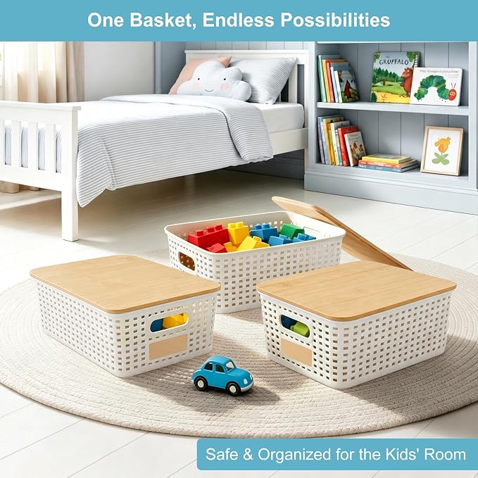 Small Plastic Storage Bins with Bamboo Lids 5.2qt Stackable Box Basket Pantry Decorative Containers Cute with Labels for Organizing Desktop Closet Office Cream White of 6 packs 10*7.2*4.1"