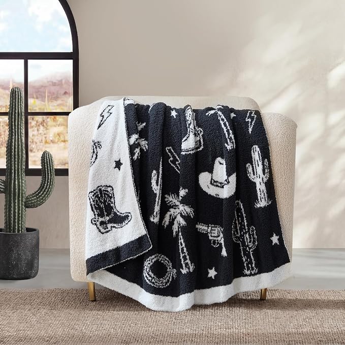 Snuggle Sac Ultra Soft Western Blanket Twin Size - Oversized Reversible Black Cowgirl Bedding Blanket, Western Pattern Throw Blankets for Bed, Sofa, Couch, 60x80 inches