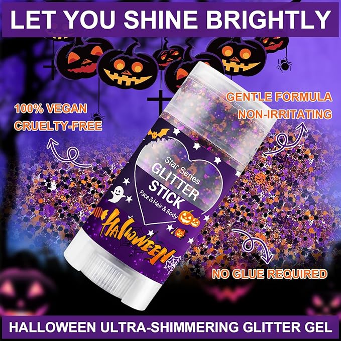 Halloween Body Glitter Stick, Black Purple and Orange Face Glitter Accessories for Rumi Costume and Rumi Cosplay Makeup, Waterproof Face and Hair Glitter Makeup for Kids and Women