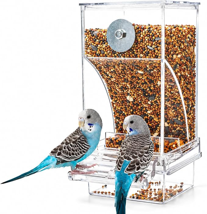 Rypet No-Mess Automatic Bird Feeder, Parakeet Cage Accessories | Transparent Acrylic Food Level Check, Helps Reduce Seed Scatter, for Small Birds Cockatiel Parrot Canary