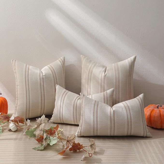 Hckot Fall Throw Pillow Covers 12x20 Set of 2 Striped Pillow Covers Textured Linen Decorative Pillows Square Cushion Covers for Sofa Couch Bed Living Room Farmhouse Decor(Caramel)