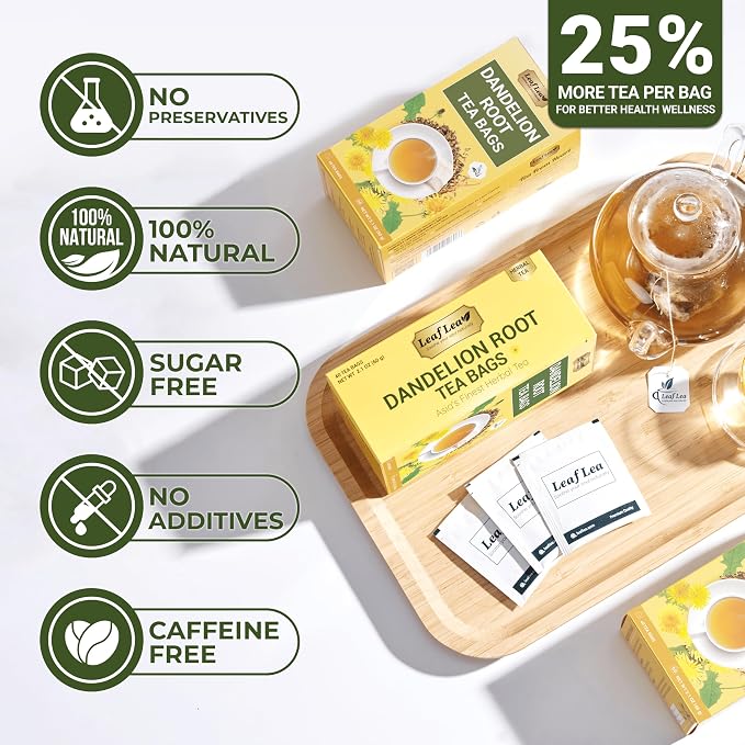 LeafLea 80 Dandelion Tea Bags, All Natural Dandelion Root Tea, Supports Digestion & Immune Health, Caffeine-Free, Vegan, No Sugar, Individually Wrapped Tea Bags, 2 Pack