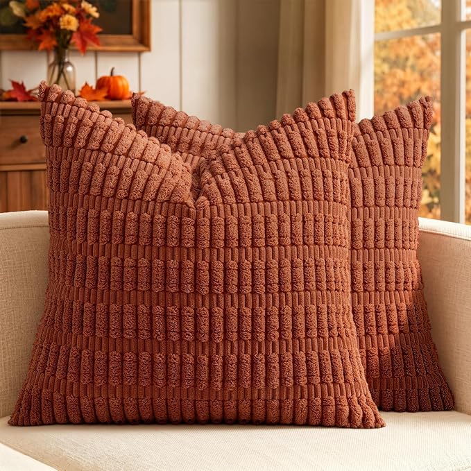 MIULEE Fall Corduroy Decorative Throw Pillow Covers 18x18 Rust Pack of 2 | Terracotta Soft Boho Striped Pillow Covers Modern Farmhouse Autumn Home Decor For Sofa Living Room Couch Bed