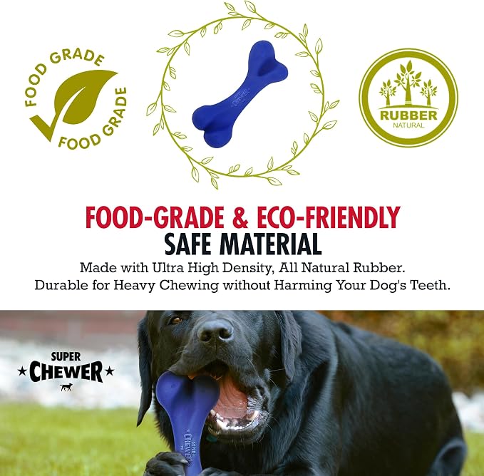 SuperChewer Tough Dog Bone Toy | Lifetime Replacement | Strong Natural Rubber | Great Dog Fetch Toy | Chew Toys for Dogs | Ultra Durable Chew Toys for Moderate Chewers | Large Breed Tested