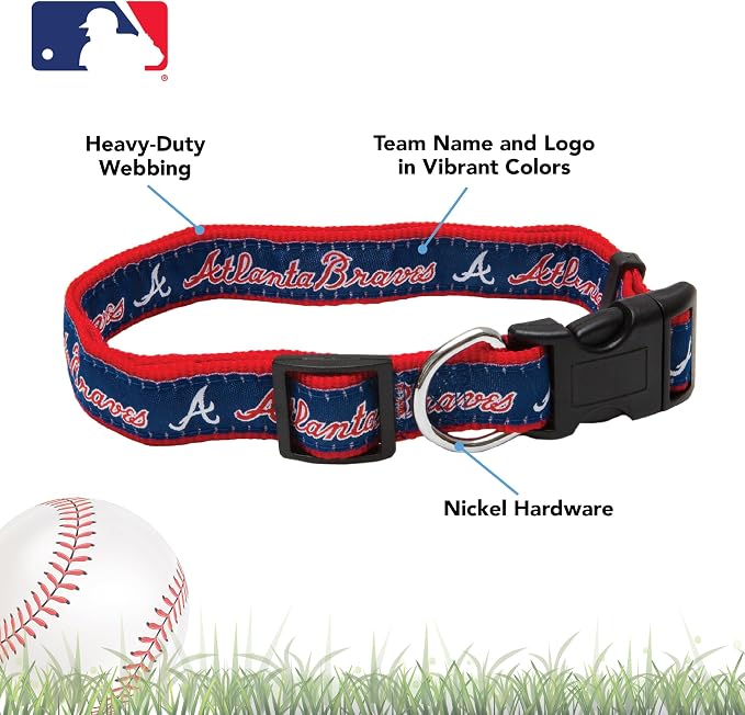 MLB Atlanta Braves Licensed PET COLLAR- Heavy-Duty, Strong, and Durable Dog Collar. Available in 29 Baseball Teams and 4 Sizes
