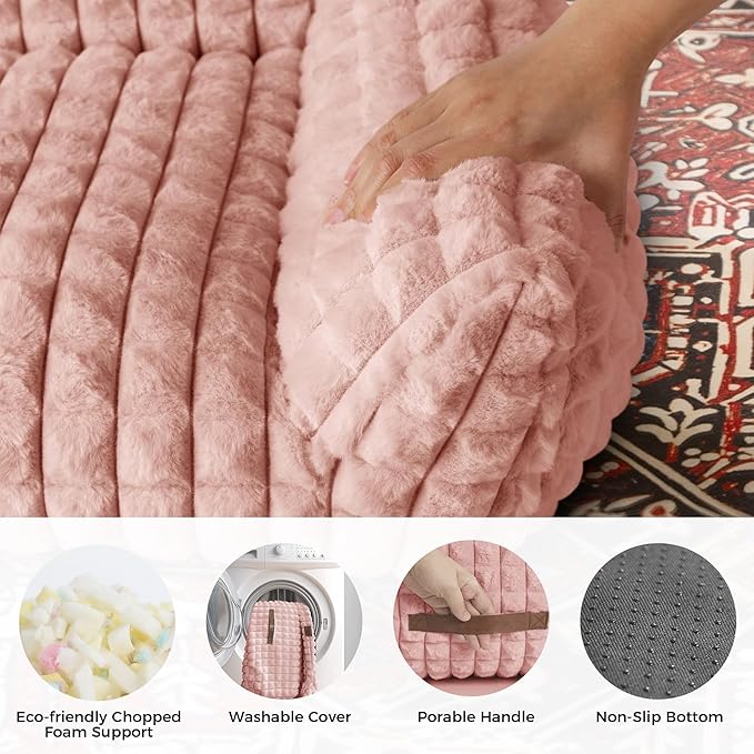 Cat Couch Bed with Fluffy Faux Rabbit Fur for Indoor Cats, 24 Inch | Cute Fuzzy Pet Sofa With Washable Cover For Puppy Kitten, Suppportive Cozy Pets Couch in 3D Diamond Pattern, Pink