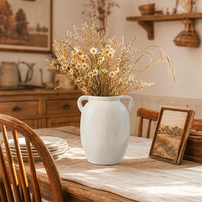 DREAMLOOM 7.6 Inch Ceramic Flower Vase, White | Double Handles, Farmhouse Vintage, Pottery Terracotta, Home Decor, Living Room Dining Table Wedding Centerpieces