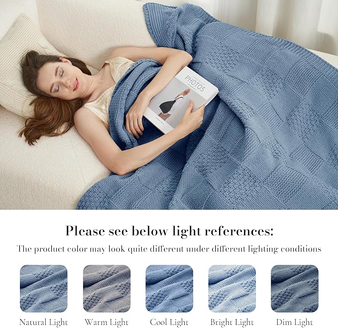 Knit Throw Blanket, Soft Chenille Cozy Breathable Checkered Chunky Decorative Blanket for Couch, Bed & Sofa, French-Inspired Lightweight Warm Gift for Women, Washed Blue, 50"x60"