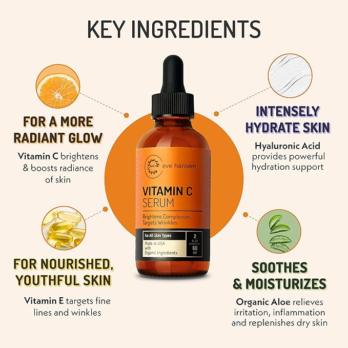Eve Hansen Vitamin C Facial Serum - 76% Organic Antioxidant Serum for Face with Hyaluronic Acid, Vitamin E, and Aloe Vera - Hydrating and Rejuvenating Skin Care 2 Oz