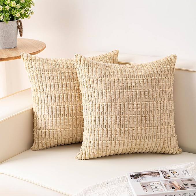 Aegero Pack of 2 Corduroy Decorative Throw Pillow Covers 18x18 Inch, Beige | Fall Soft Striped Pillow Covers Modern Farmhouse Home Decor Christmas Throw Pillow Covers for Sofa Living Room Couch Bed