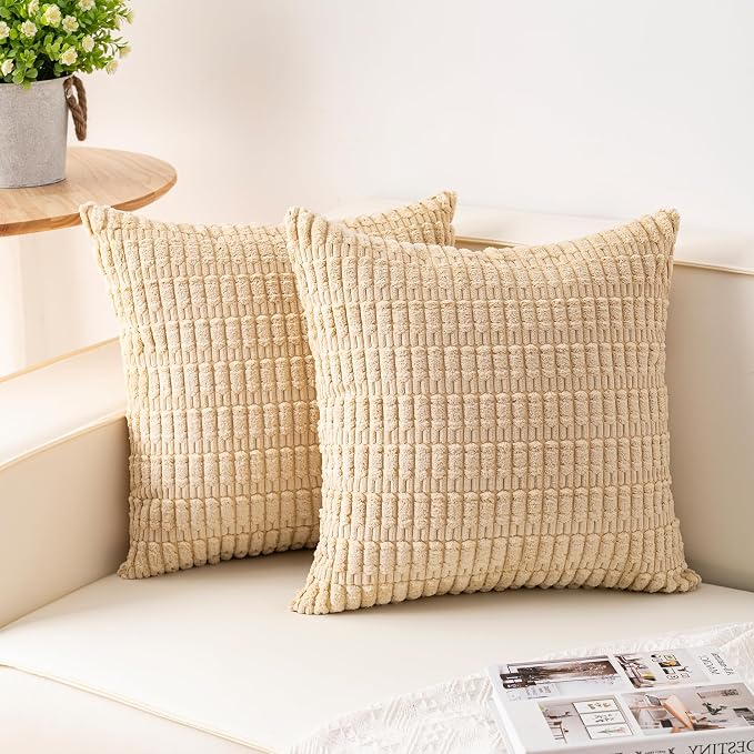 Aegero Pack of 2 Corduroy Decorative Throw Pillow Covers 26x26 Inch, Beige | Fall Soft Striped Pillow Covers Modern Farmhouse Home Decor Christmas Throw Pillow Covers for Sofa Living Room Couch Bed