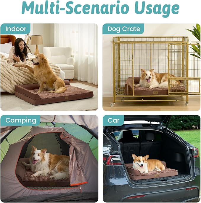 COZY KISS Orthopedic Dog Bed for Extra Large Dogs, L Shaped XL 44x32 inch | Non-Slip Bottom Soft Pet Sofa with Washable Removable Waterproof Cover, Egg-Crate Foam Couch with Portable Handle, Brown