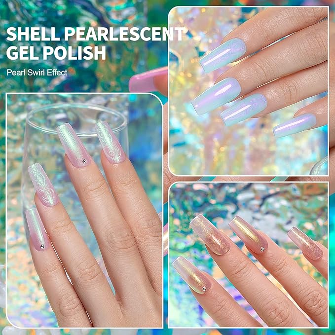 RARJSM Pearl Gel Nail Polish Shell Glitter Pearlescent Shell Gel Polish Set 6 Colors Pink White Green Purple Shimmer Mermaid Swirl Thread Effect Soak Off Curing Requires DIY Manicure Use