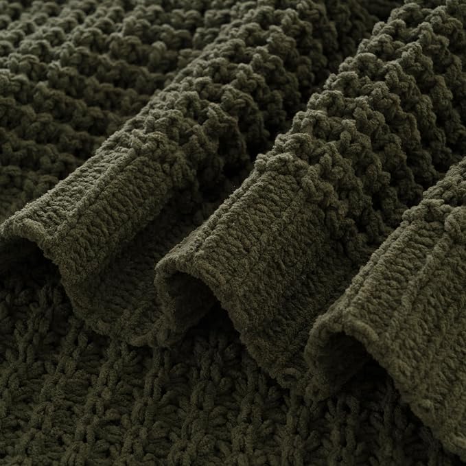 Olive Green Throw Blanket for Couch, Waffle Knit Blanket Throw 60"x80" | Chunky Chenille Throw Blanket, Soft Dark Green Throw Blanket for Home Decor, Sofa, Men, Modern Farmhouse Knitted Style