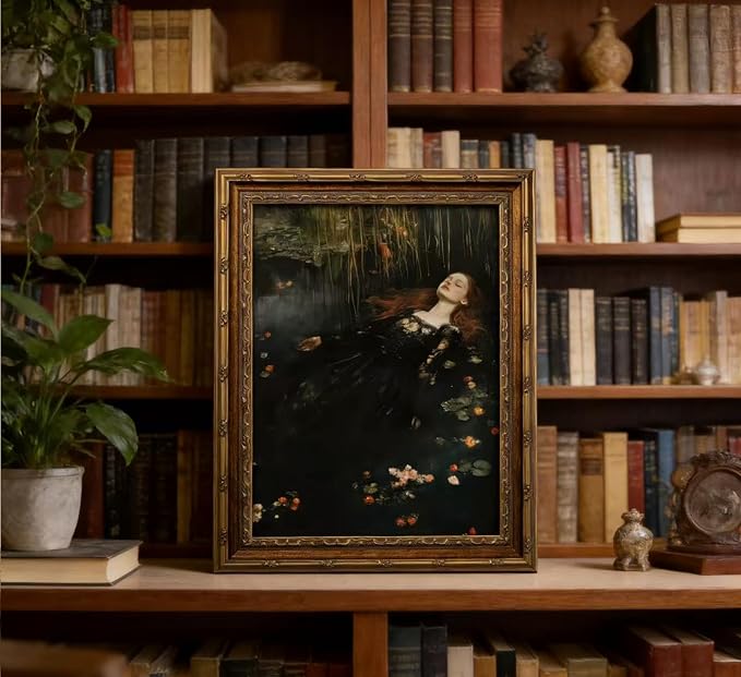 Vintage Gold Framed Ophelia Wall Art,Victorian Gothic Oil Painting Canvas Print,Classic Dark Academia Aesthetic Wall Decor,Antique Woman Portrait Picture,Moody Floral Poster Artwork,for Living Bedroom