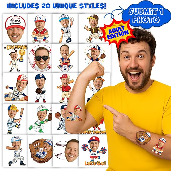 Custom Baseball Temporary Tattoos for Kids - Personalized Pre-Cut Face Photo Tattoos - Fun Birthday Party Favors for Boys, Baseball Fans - Set of 20 Unique Celebration Gifts