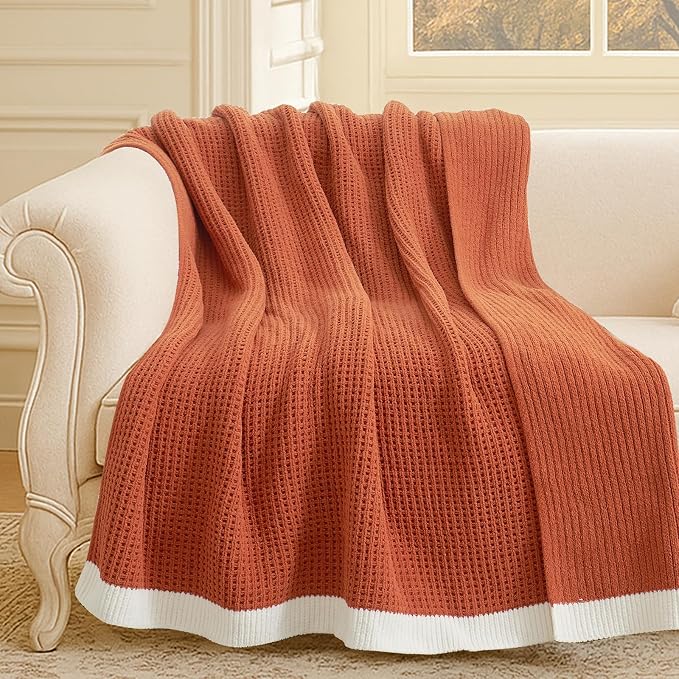 Chenille Throw Blanket, Soft Cozy Waffle Throw for Couch & Sofa, Warm Yet Lightweight, Breathable All-Season Throws for Women Men, Housewarming, Birthdays, 50"x60", Orange