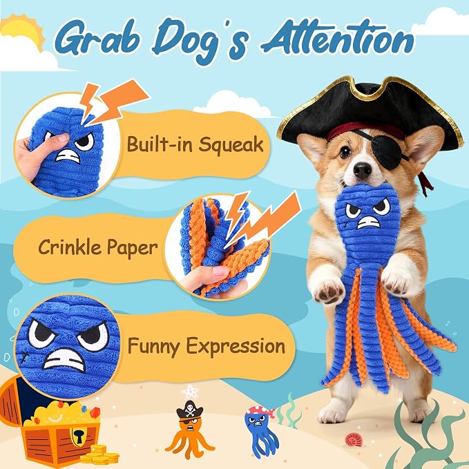 Zeaxuie Interactive Dog Toys for Chewers, 2 Pack No Stuffing Dog Toys for Teething, Squeaky Chew Toy to Keep Them Busy for Small and Medium Breed, Crinkle Octopus