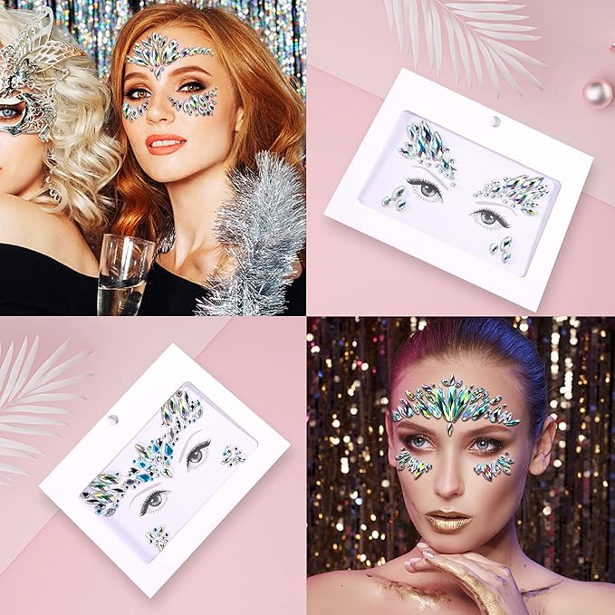 SAOROPEB Face Gems - 6 Sets Mermaid Face Jewels Temporary Tattoo Stickers Acrylic Crystal Glitter Stickers Waterproof Eye Gems Stick On Rainbow Tears Rhinestone for Party, Rave Festival