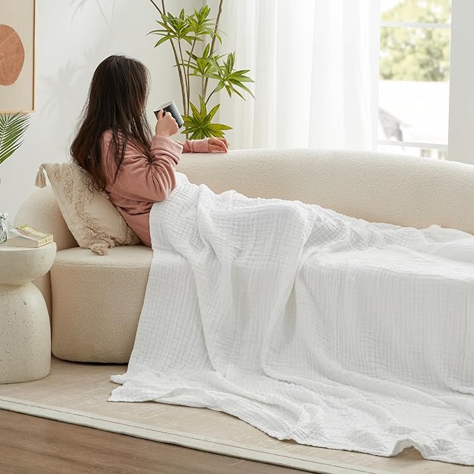 Love's cabin 100% Cotton Muslin Blanket, 6 Layer Lightweight Breathable Gauze Throw Blanket 50 x 60 Inches, Soft All Season Blanket for Couch, Bed, Sofa, White