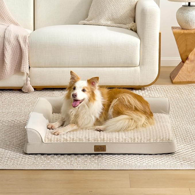 COZY KISS Orthopedic Dog Bed for Extra Large Dogs, L Shaped XXL 48x35 inch | Non-Slip Bottom Soft Pet Sofa with Washable Removable Waterproof Cover, Egg-Crate Foam Couch with Portable Handle, Beige