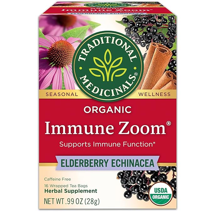 Traditional Medicinals Tea, Organic Immune Zoom Elderberry Echinacea - Supports Immune Function - Kosher, Non-GMO, Caffeine-Free, Compostable - 16 Tea Bags