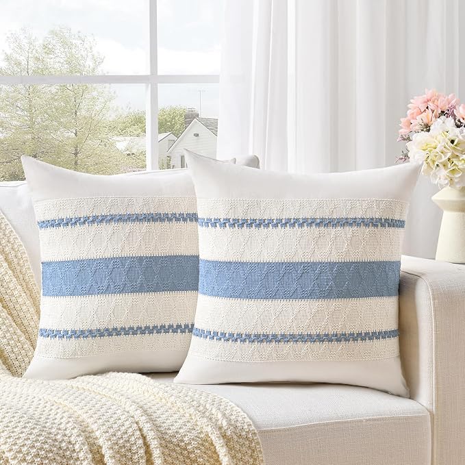 Fancy Homi Set of 1 Boho Light Blue Decorative Throw Pillow Cover 18x18 Inch for Couch Bed Sofa, Aesthetic Modern Organic Farmhouse Home Decor, Soft Cotton Cute Accent Macrame Woven Cushion Case